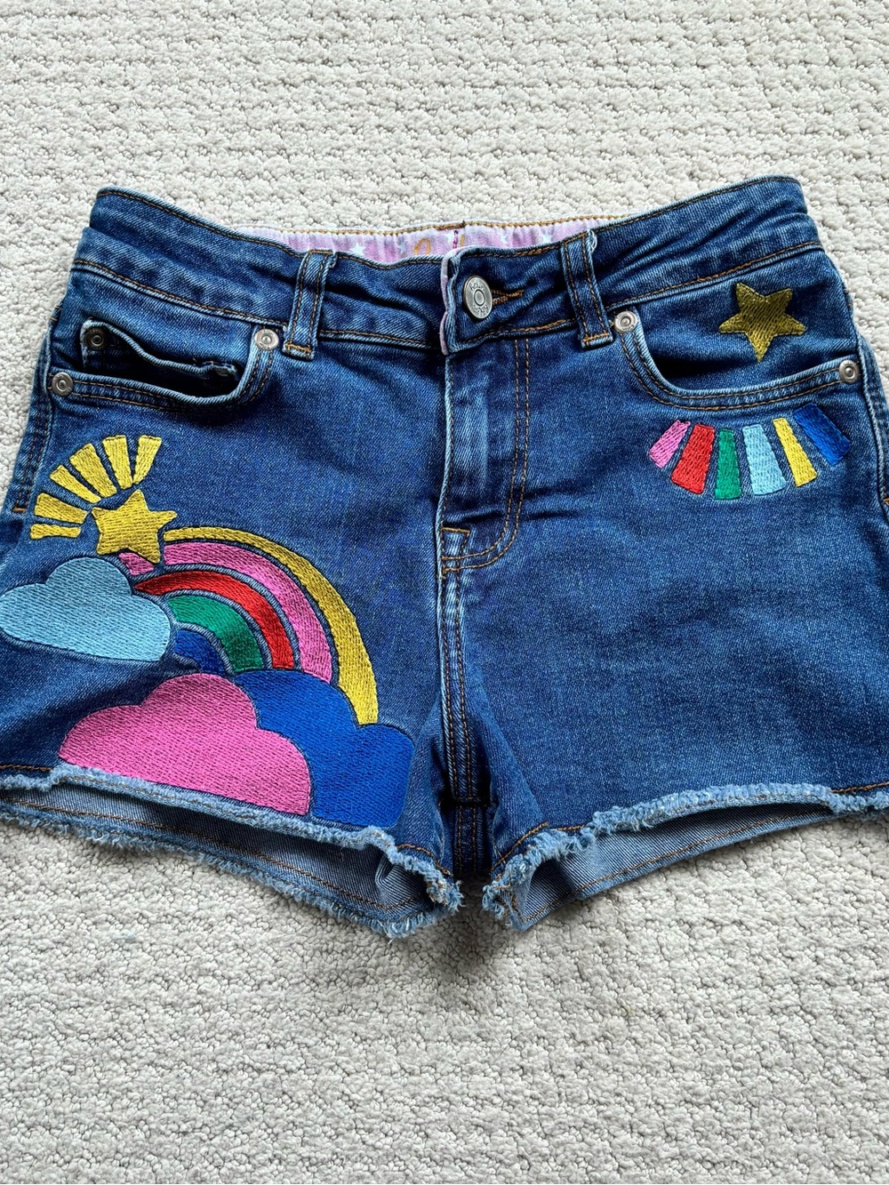 Mini boden Denim Rainbow Embroidered Shorts - Blue